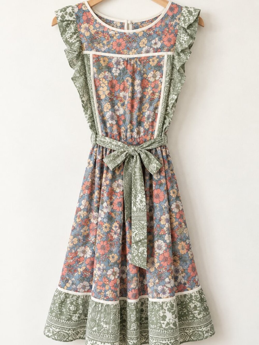 Modella Los Angeles Floral Dress M Boho Cottagecore Green Coral Blue